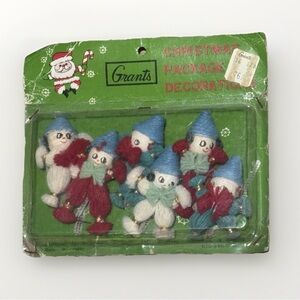 VTG 6 Pixie ELF Yarn Dolls Spun Cotton Tie On Christmas Package decor Japan  NOS